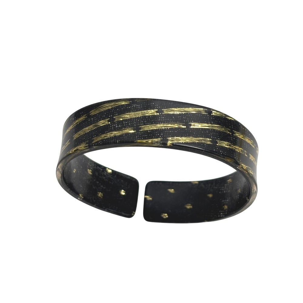 Vintage Black Lucite Cuff Bracelet‎ Gold Tinsel Inlay MCM Art Deco Retro